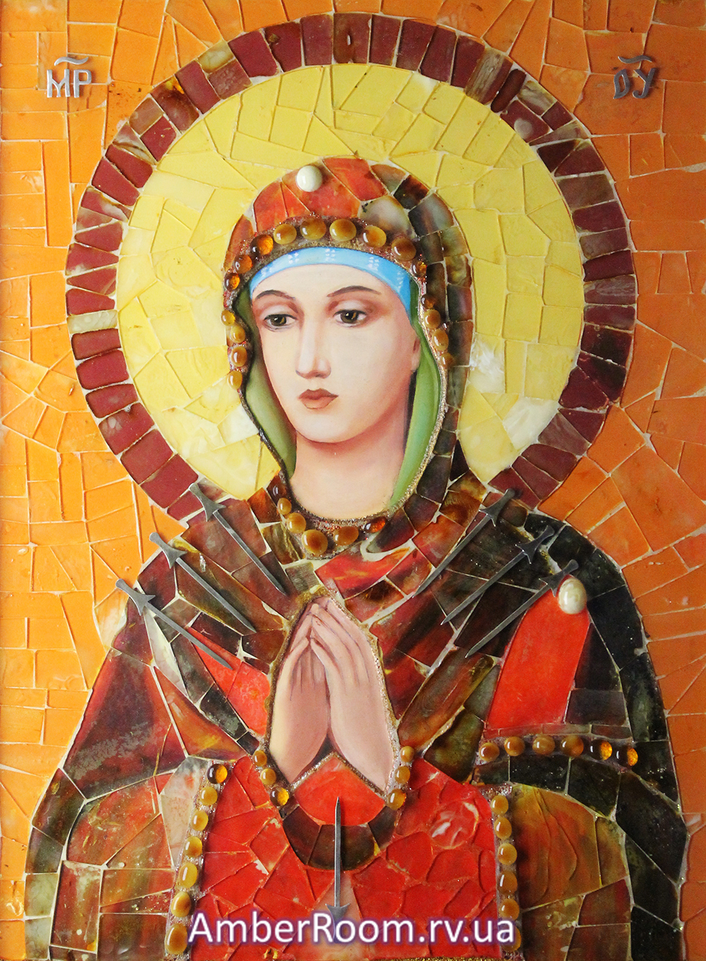 Семистрельная Богородица. Мозаика из янтаря с элементами из серебра.