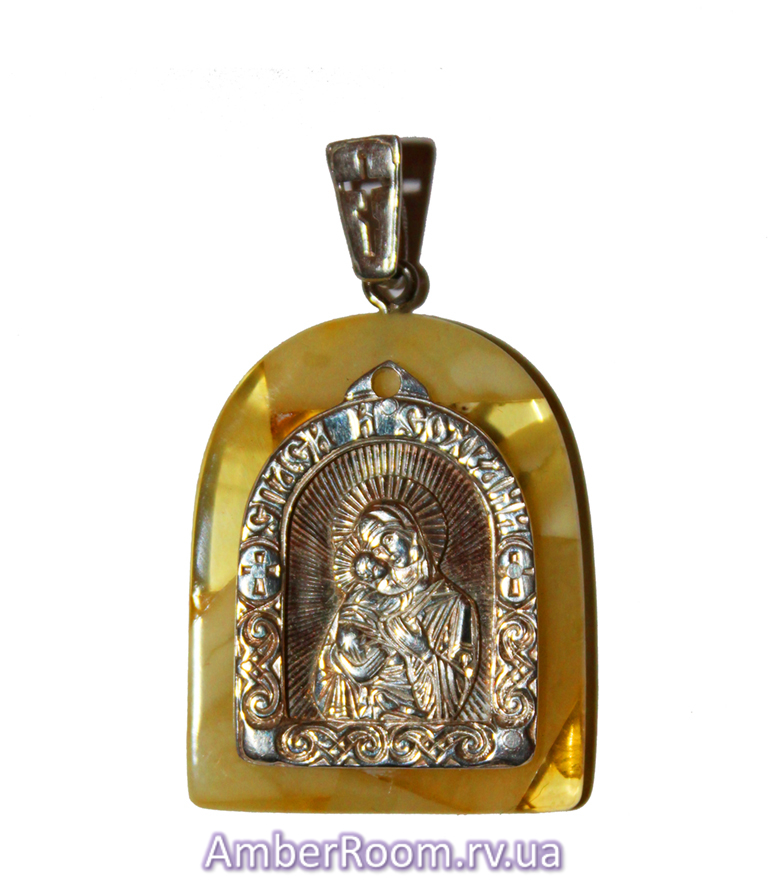 Ладанка «Володимирська Богородиця», срібна на бурштинові основі